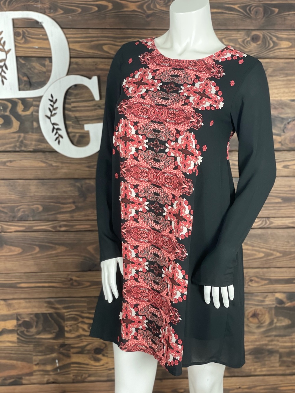 Xhilaration | Black Shift Dress with Coral Floral Panel Flowy Open Back
